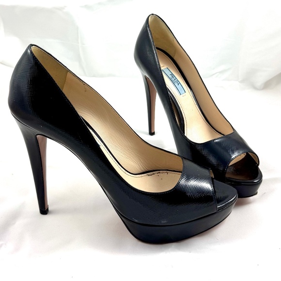 Prada Black Vernice Saffiano Leather Peep Toe Platform Pumps Size 39½ - Picture 4 of 12